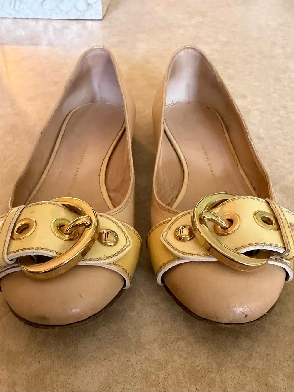 Giuseppe Zanotti Gold Buckle Ballet Flats tan leather cream patent leather 6 36